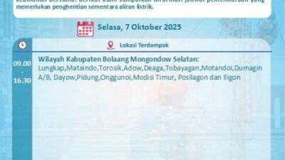 PLN UP3 Kotamobagu Lakukan Pemeliharaan Jaringan, Listrik Padam Sementara di Bolsel 7 Oktober 2025